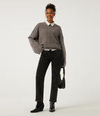 Stand Collar Drop Shoulder Bell Sleeve Long Sleeve Work Jumper — Fossil — view 7