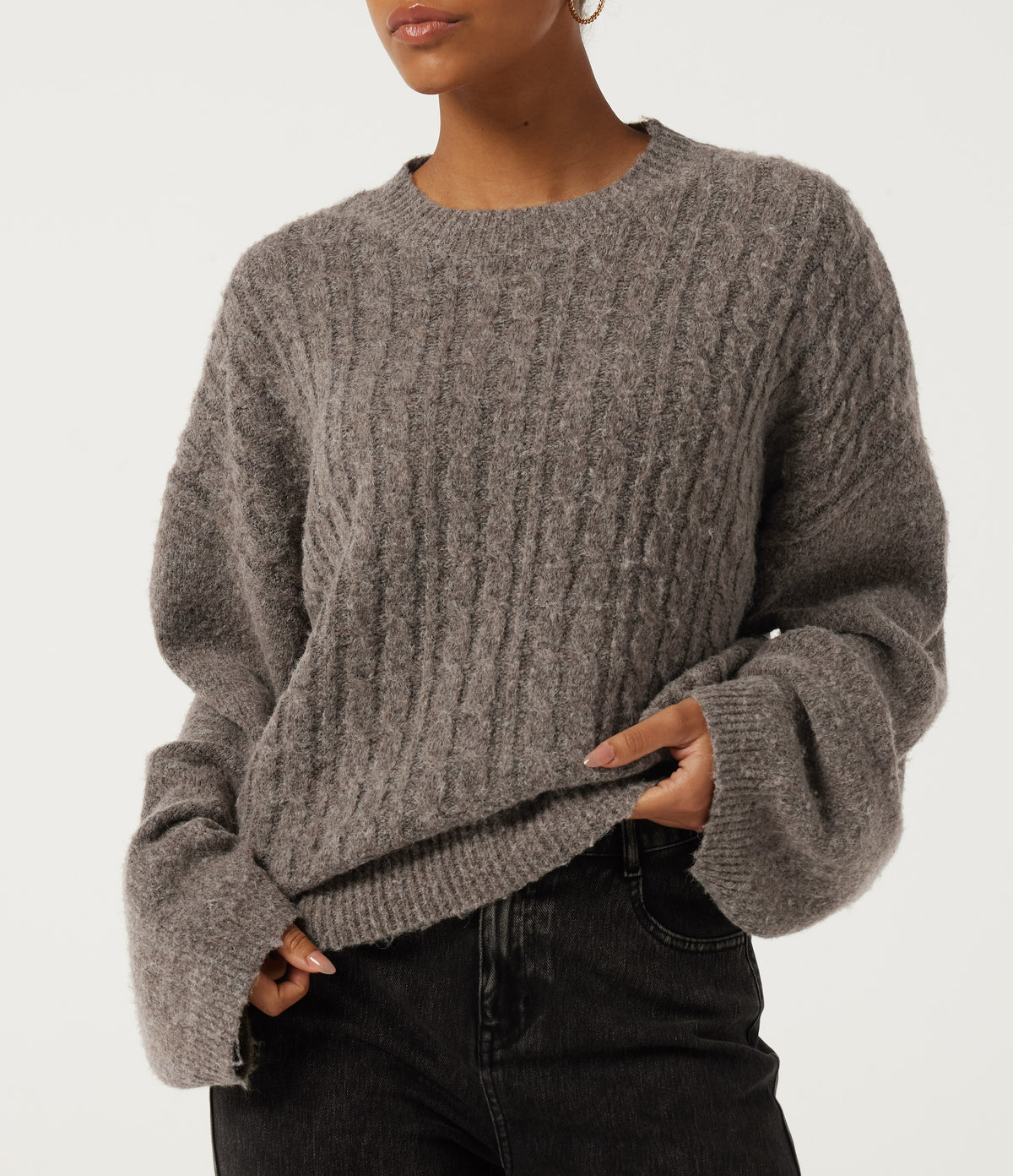 Stand Collar Drop Shoulder Bell Sleeve Long Sleeve Work Jumper — Fossil — view 5