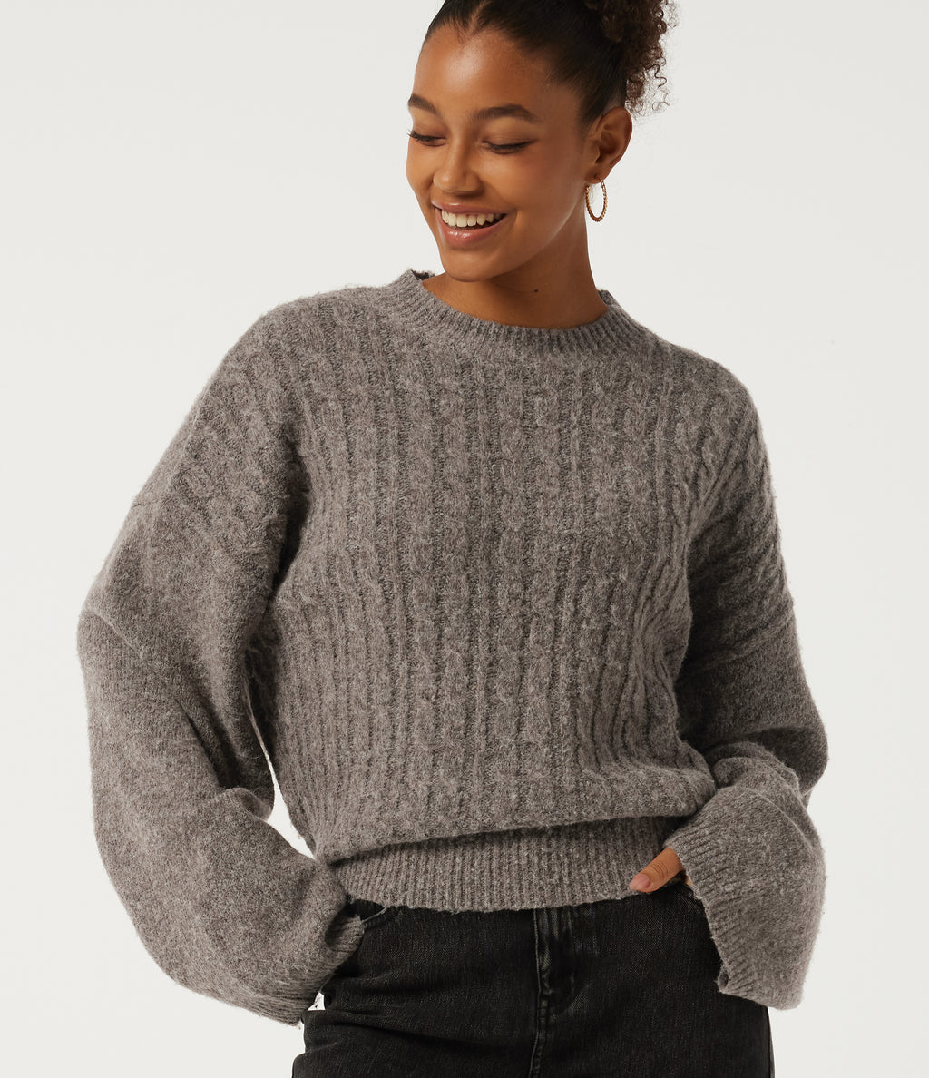 Stand Collar Drop Shoulder Bell Sleeve Long Sleeve Work Jumper — Fossil — view 4