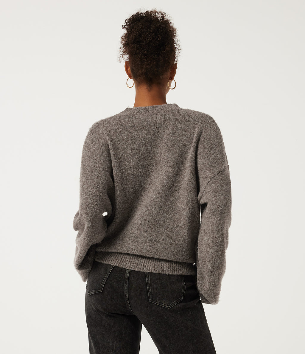 Stand Collar Drop Shoulder Bell Sleeve Long Sleeve Work Jumper — Fossil — view 2