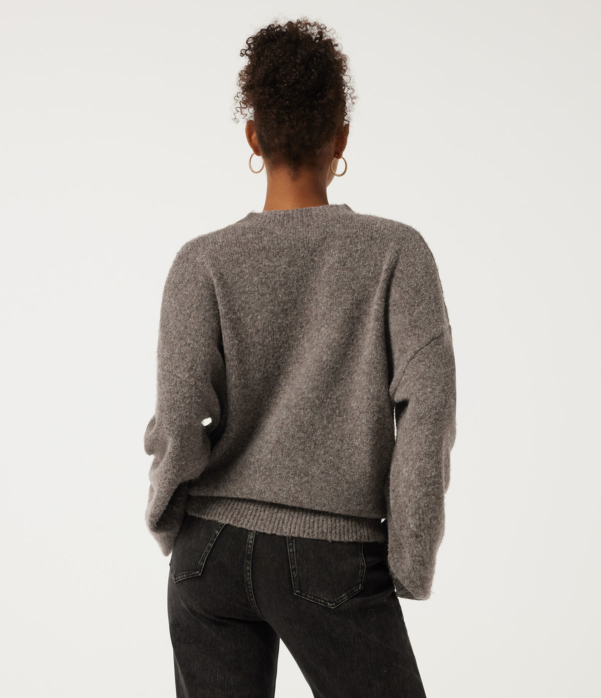 Stand Collar Drop Shoulder Bell Sleeve Long Sleeve Work Jumper — Fossil — view 2