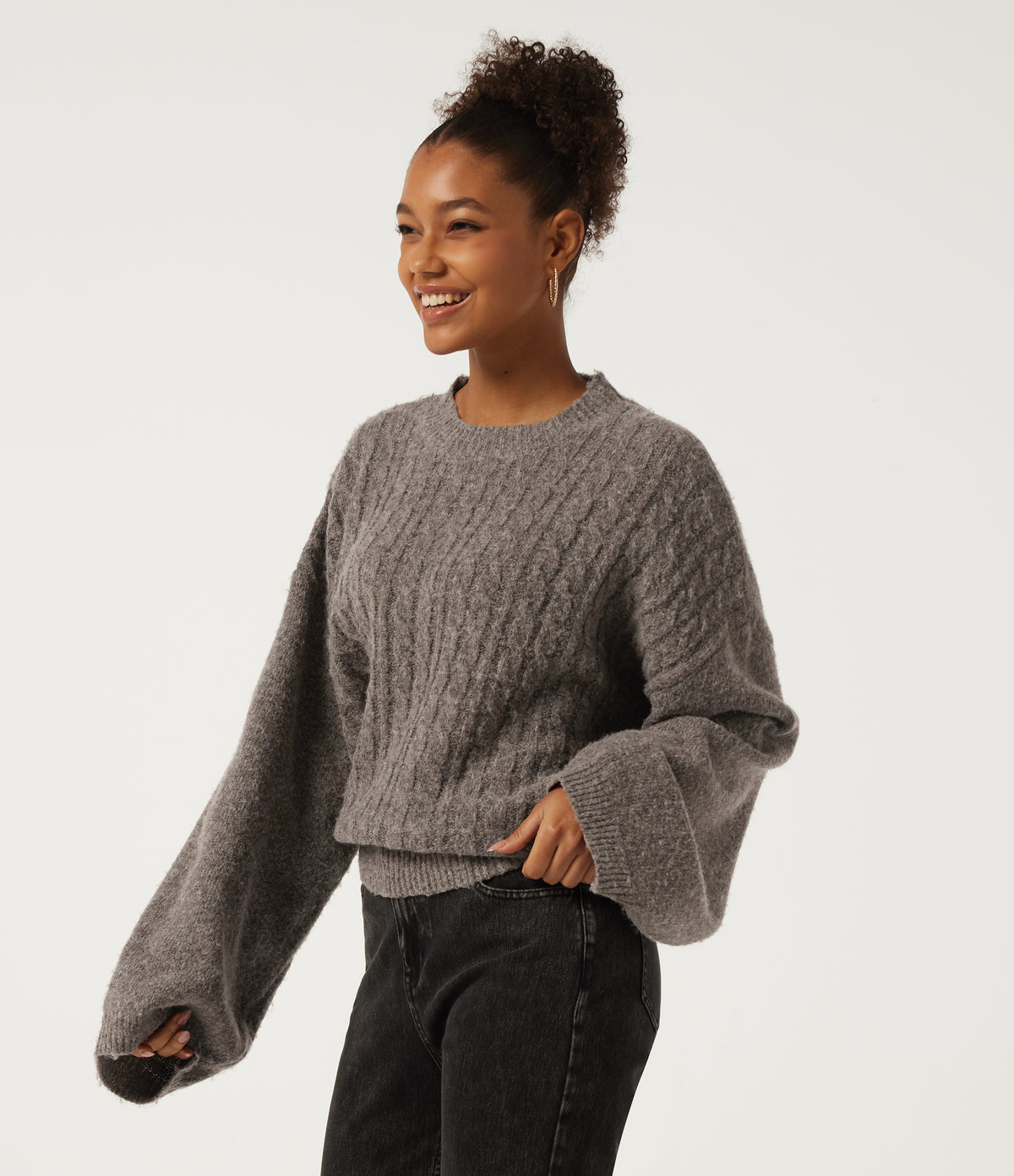 Stand Collar Drop Shoulder Bell Sleeve Long Sleeve Work Jumper — Fossil — view 3