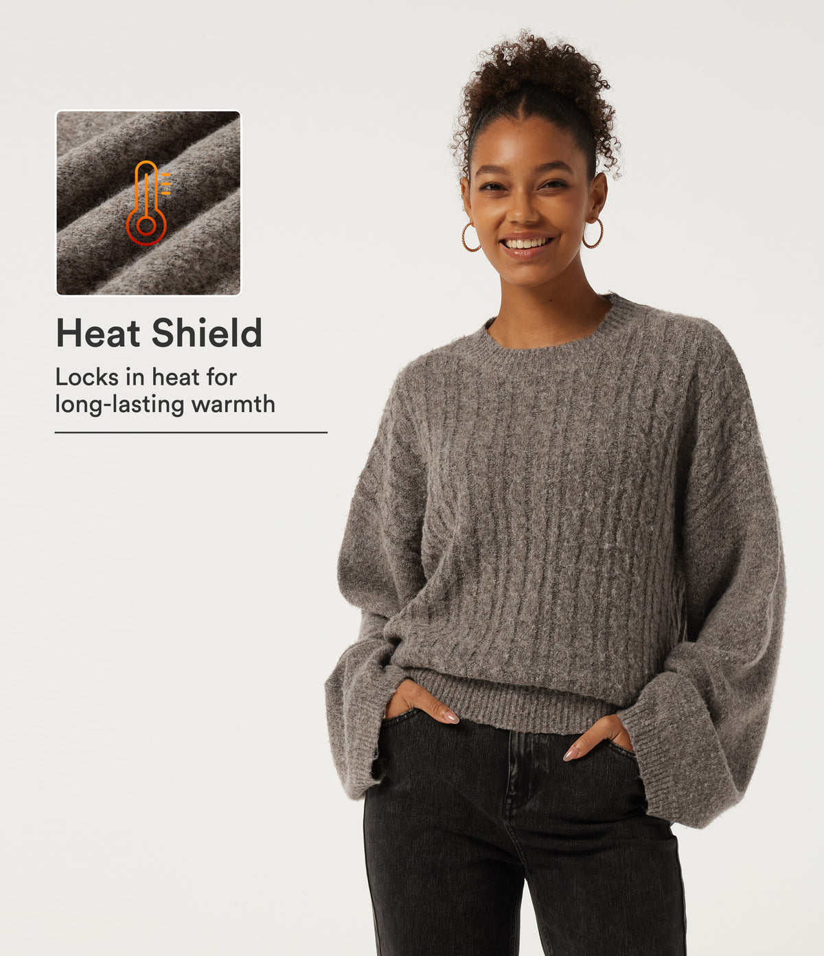 Stand Collar Drop Shoulder Bell Sleeve Long Sleeve Work Jumper — Fossil — view 1