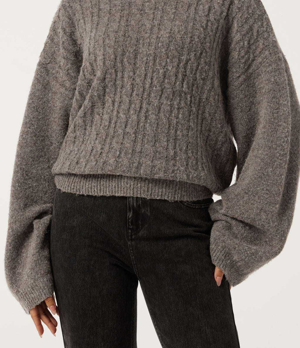 Stand Collar Drop Shoulder Bell Sleeve Long Sleeve Work Jumper — Fossil — view 6
