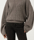 Stand Collar Drop Shoulder Bell Sleeve Long Sleeve Work Jumper — Fossil — view 6