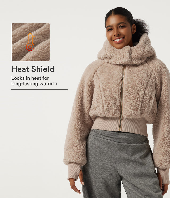 Hooded Raglan Long Sleeve Fleece Casual Padded Jacket with Pockets — Camel Puff — view 1