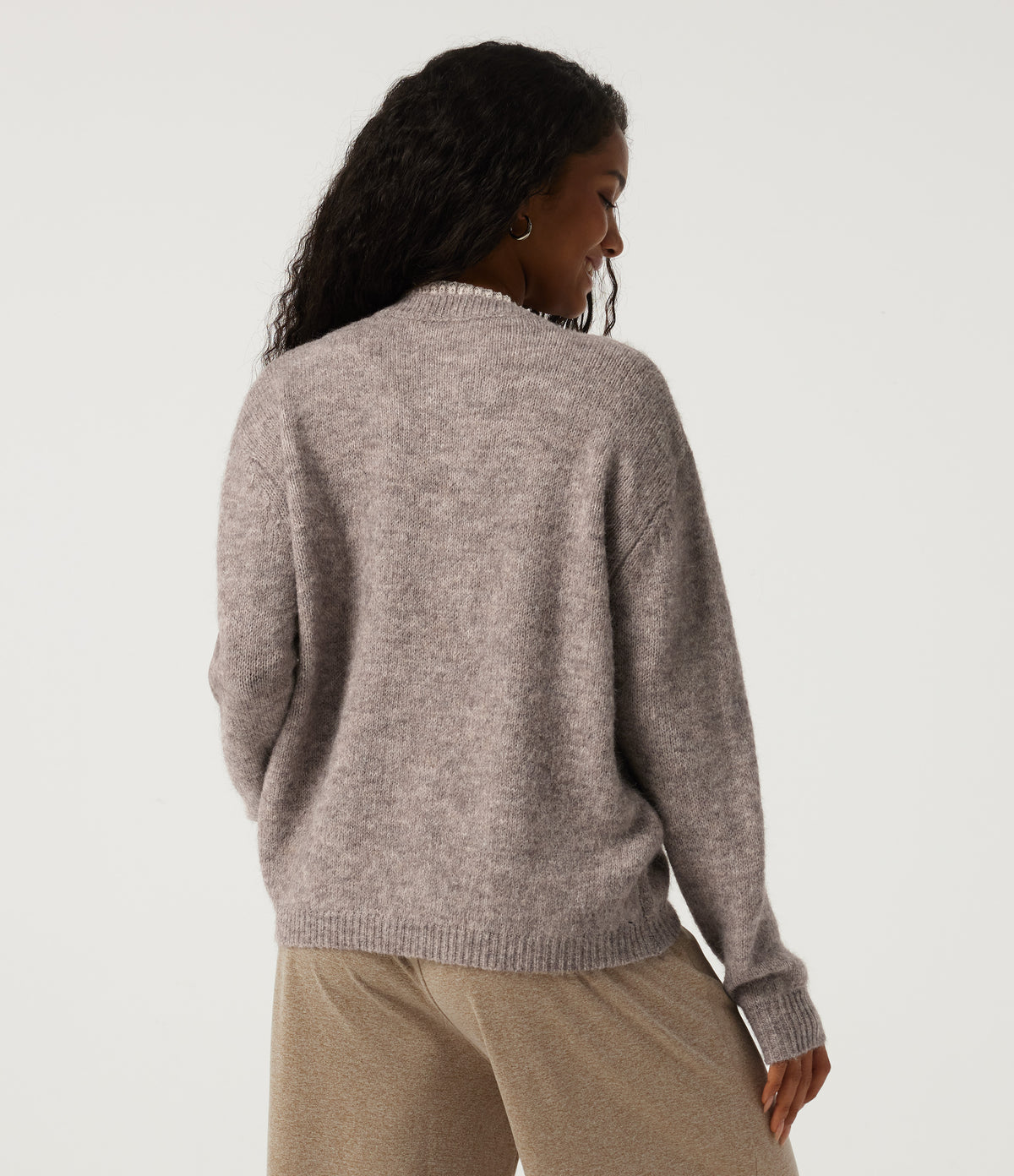 Round Neck Long Sleeve Contrast Lace Casual Cardigan — Peyote — view 2
