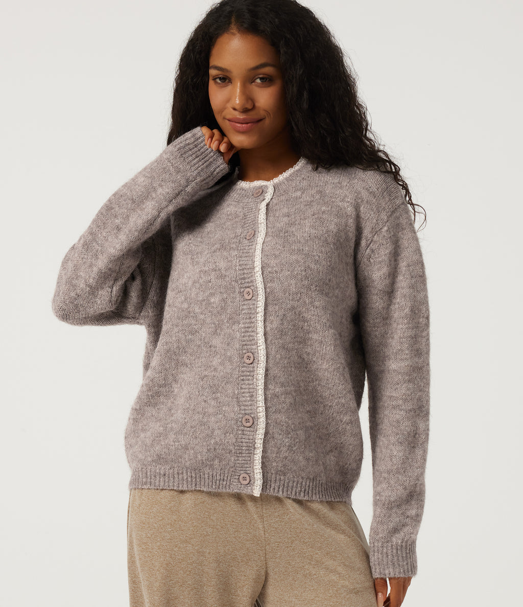 Round Neck Long Sleeve Contrast Lace Casual Cardigan — Peyote — view 1