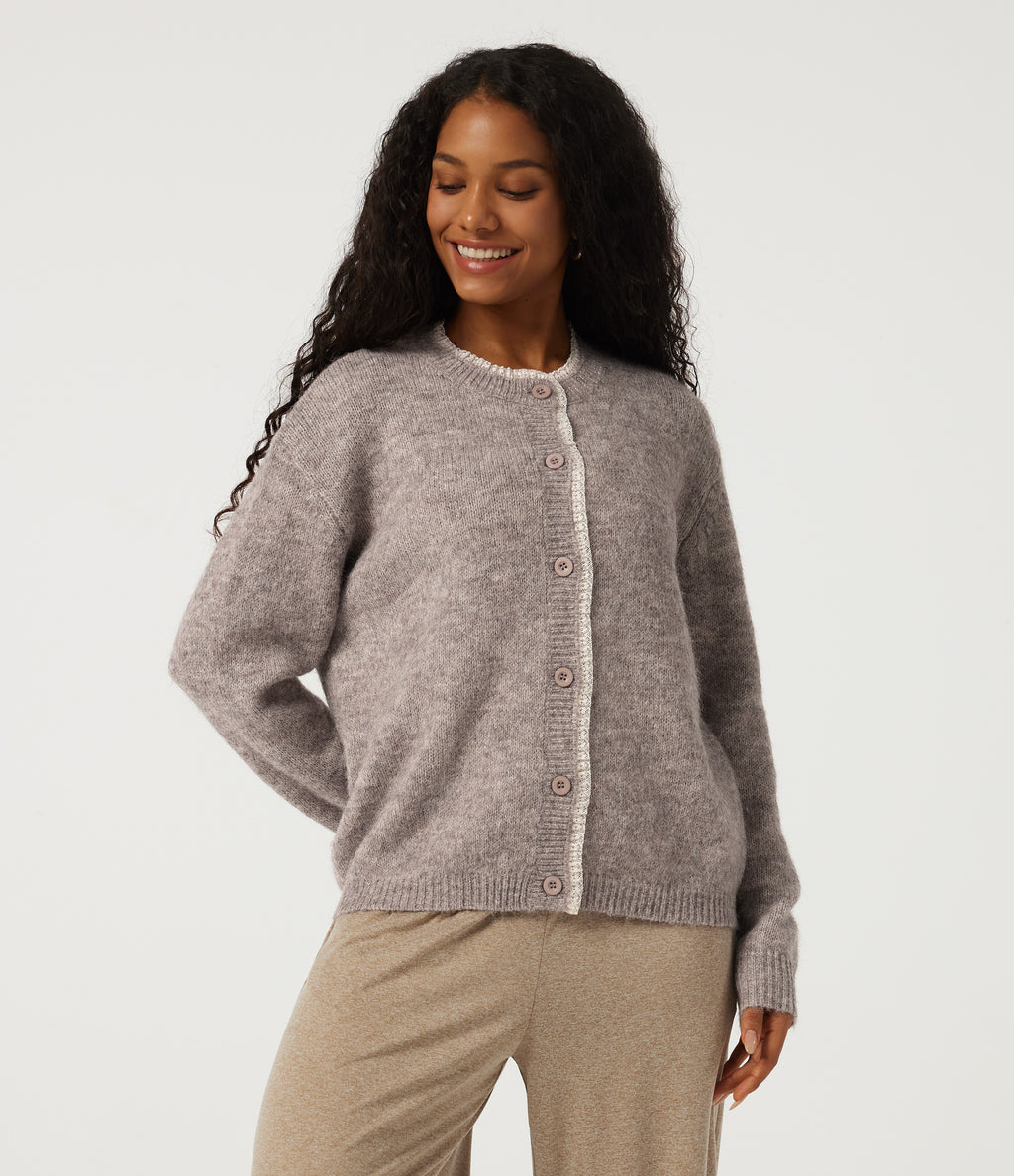 Round Neck Long Sleeve Contrast Lace Casual Cardigan — Peyote — view 4