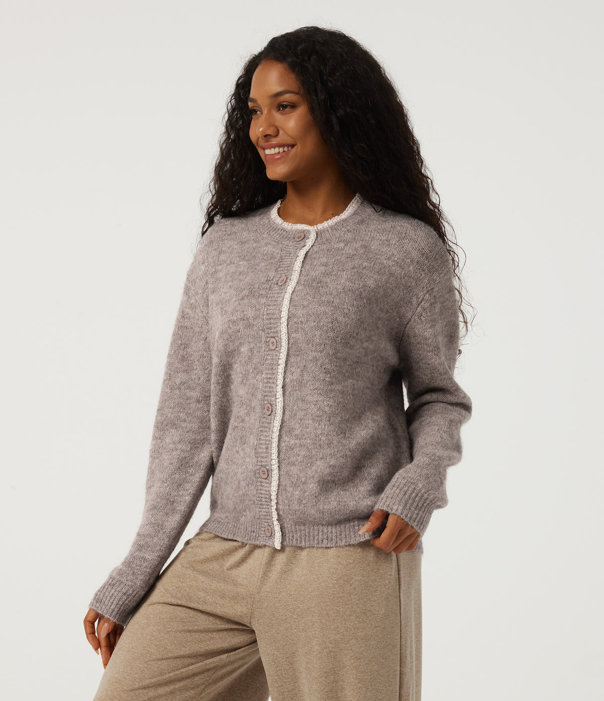 Round Neck Long Sleeve Contrast Lace Casual Cardigan — Peyote — view 3