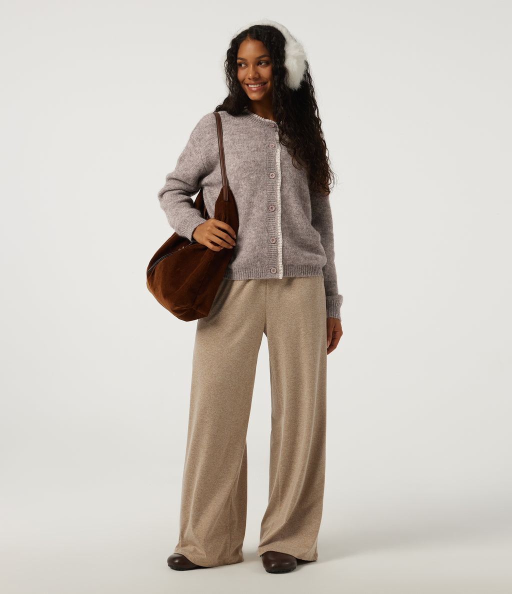Round Neck Long Sleeve Contrast Lace Casual Cardigan — Peyote — view 6
