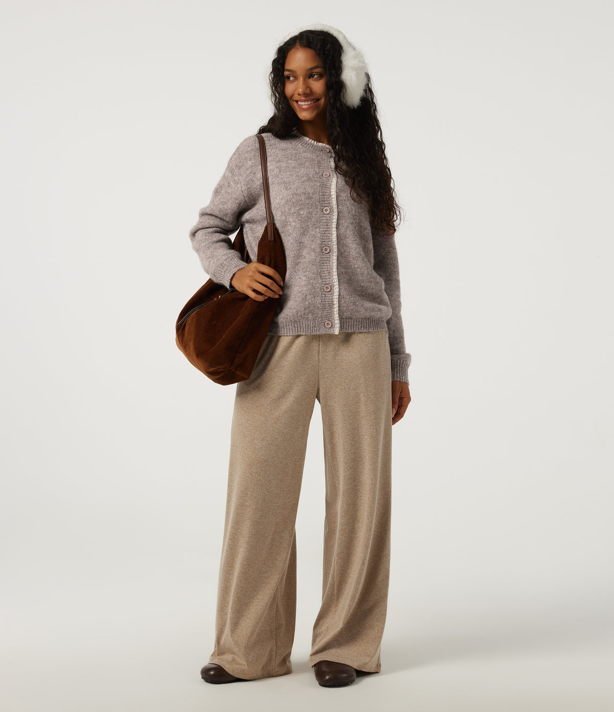 Round Neck Long Sleeve Contrast Lace Casual Cardigan — Peyote — view 6