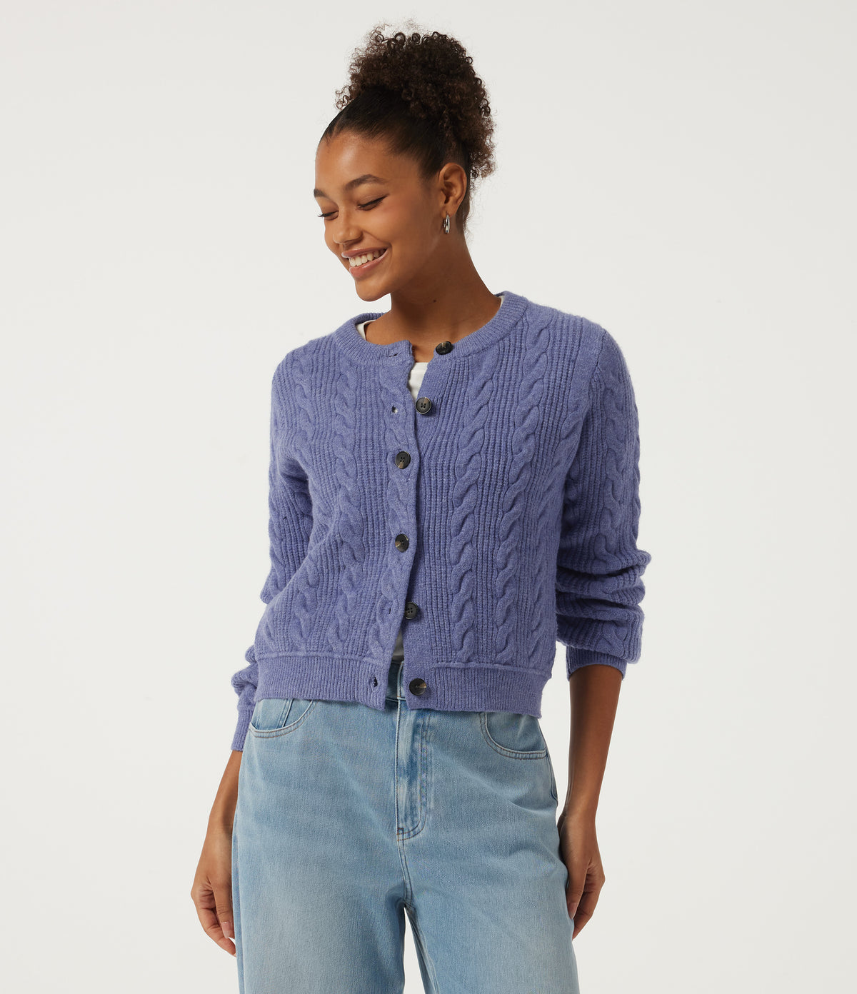 Round Neck Long Sleeve Casual Cardigan — Lavender Violet — view 1