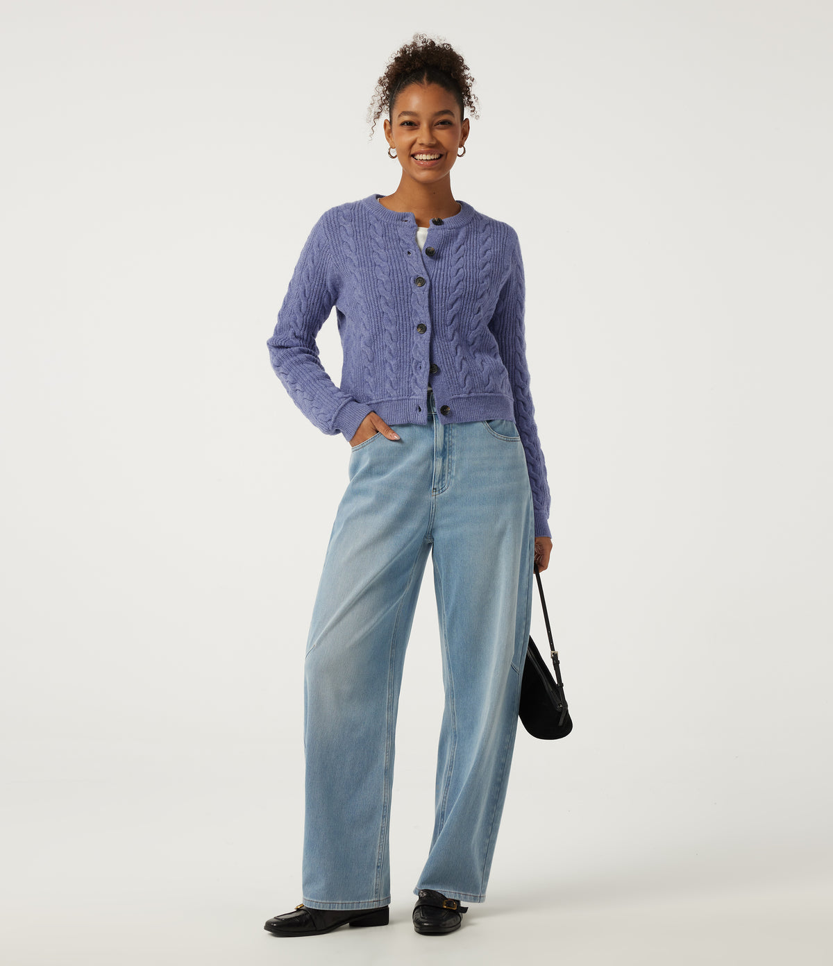 Round Neck Long Sleeve Casual Cardigan — Lavender Violet — view 7