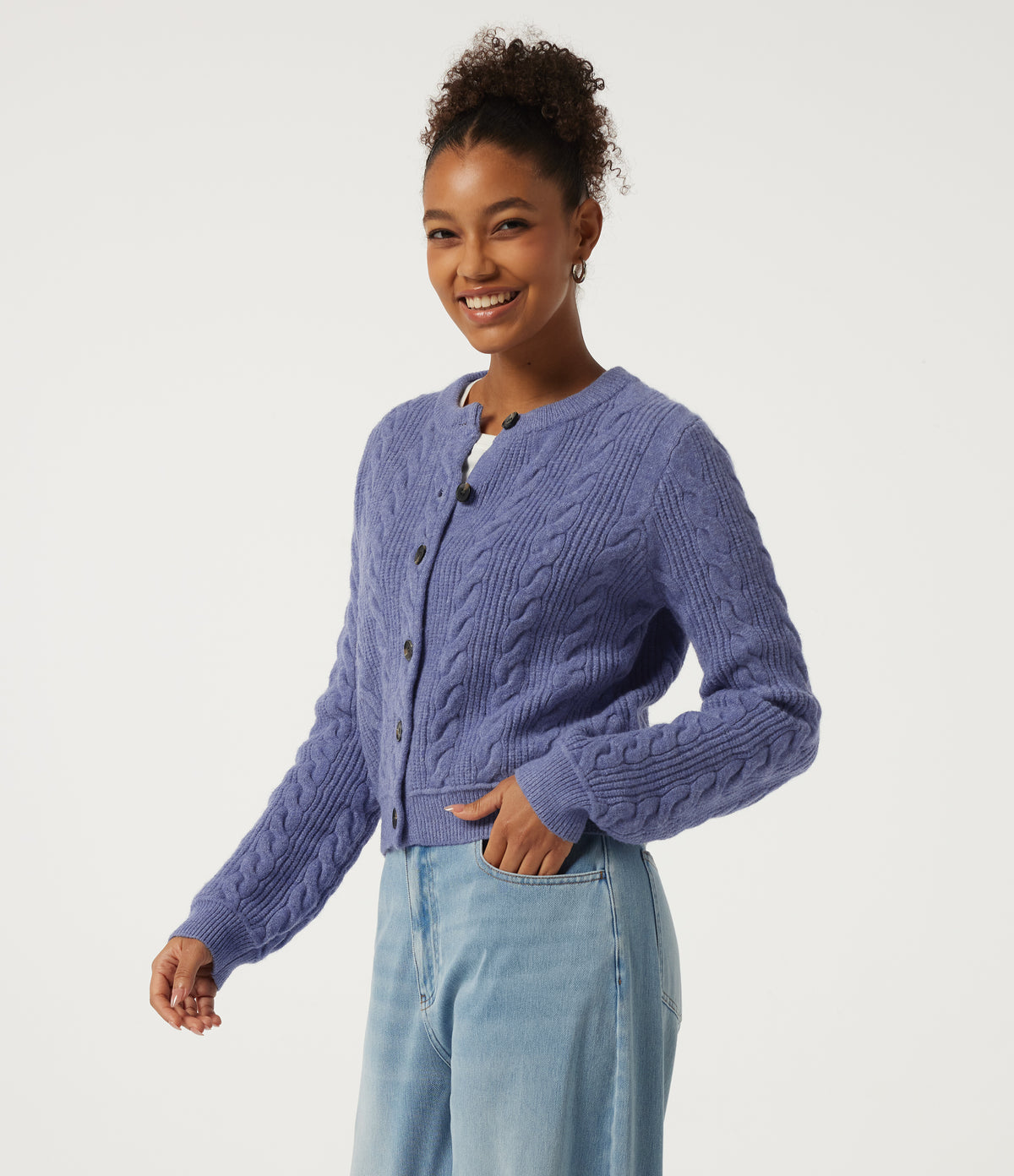 Round Neck Long Sleeve Casual Cardigan — Lavender Violet — view 3