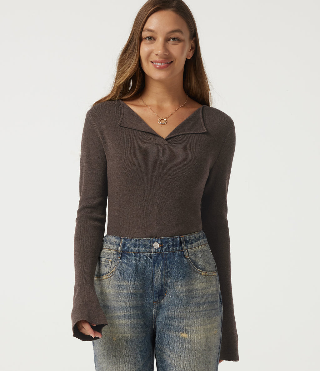 Flounce Long Sleeve Casual Jumper — Major Brown — view 6