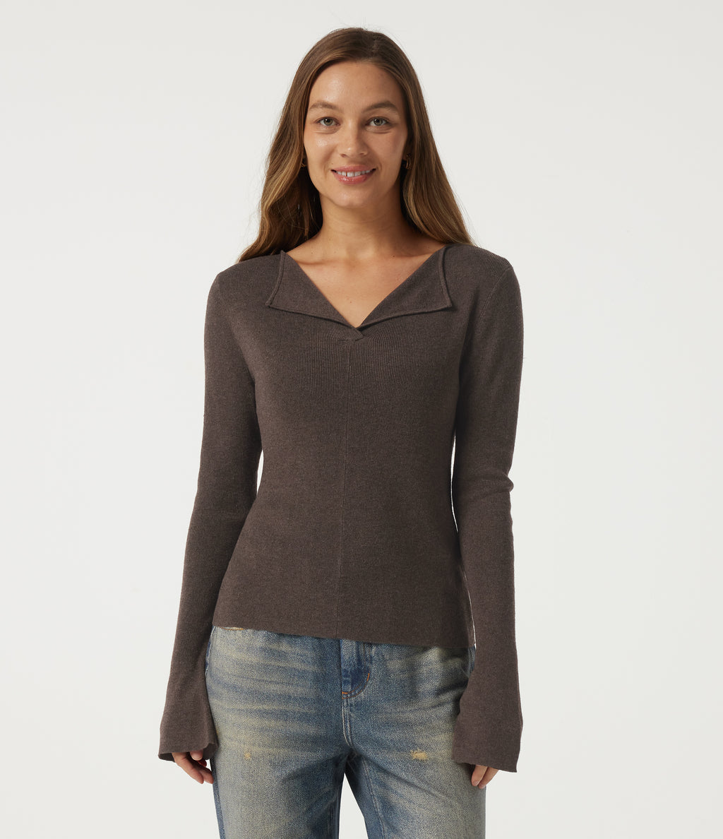 Flounce Long Sleeve Casual Jumper — Major Brown — view 1
