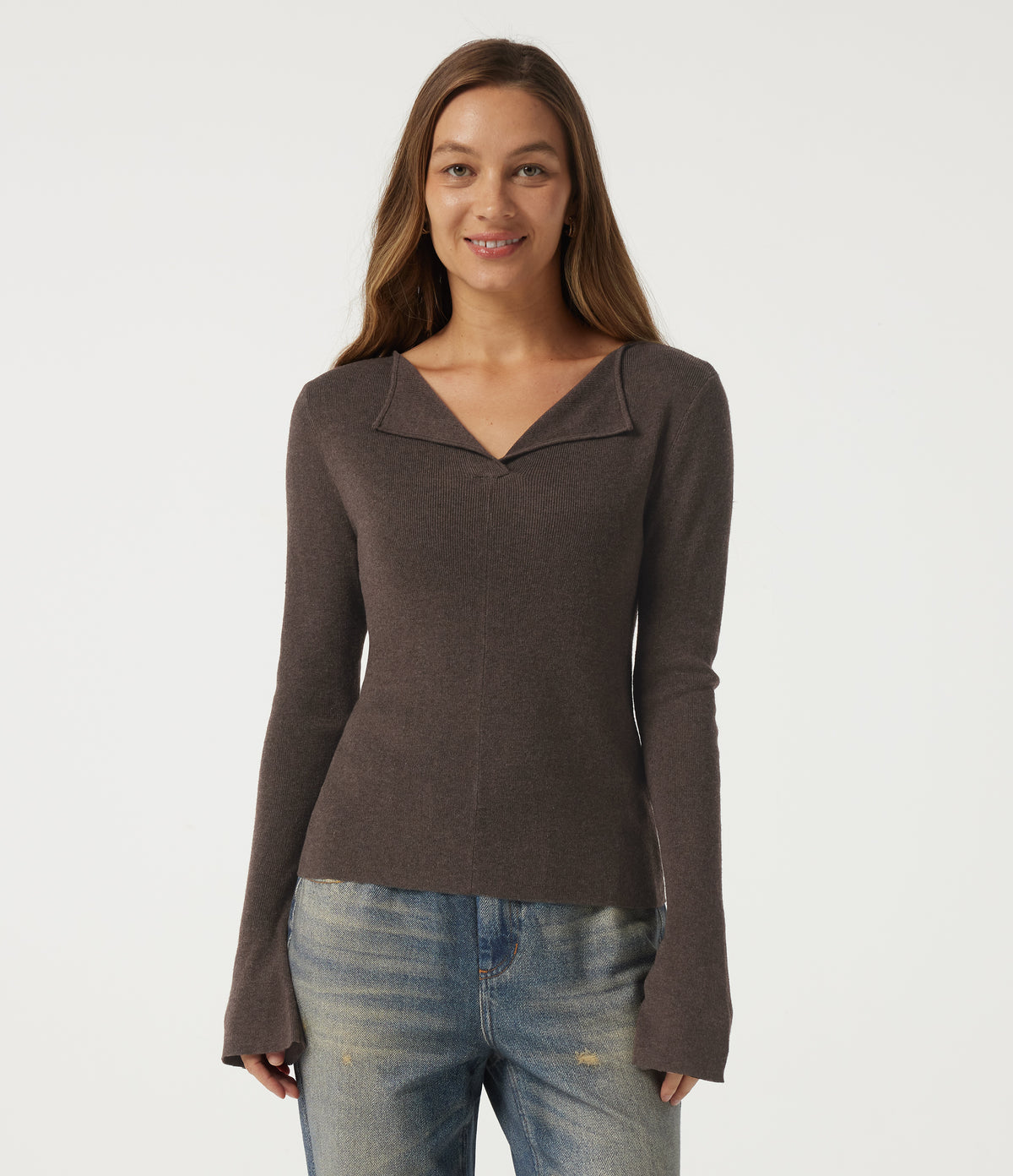 Flounce Long Sleeve Casual Jumper — Major Brown — view 1