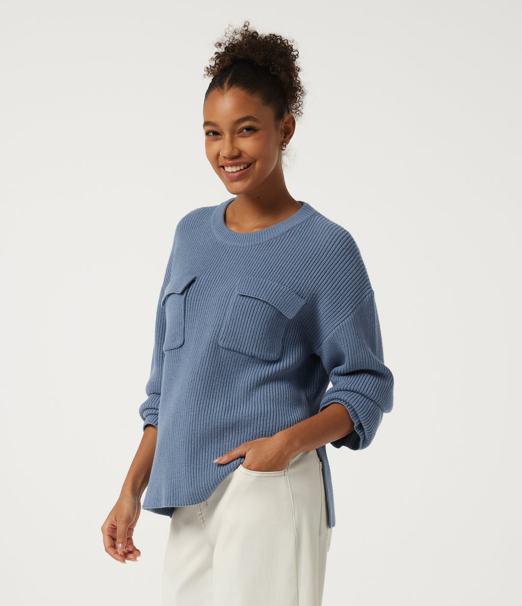 Round Neck Long Sleeve Casual Jumper with Pockets — Troposphere — view 3