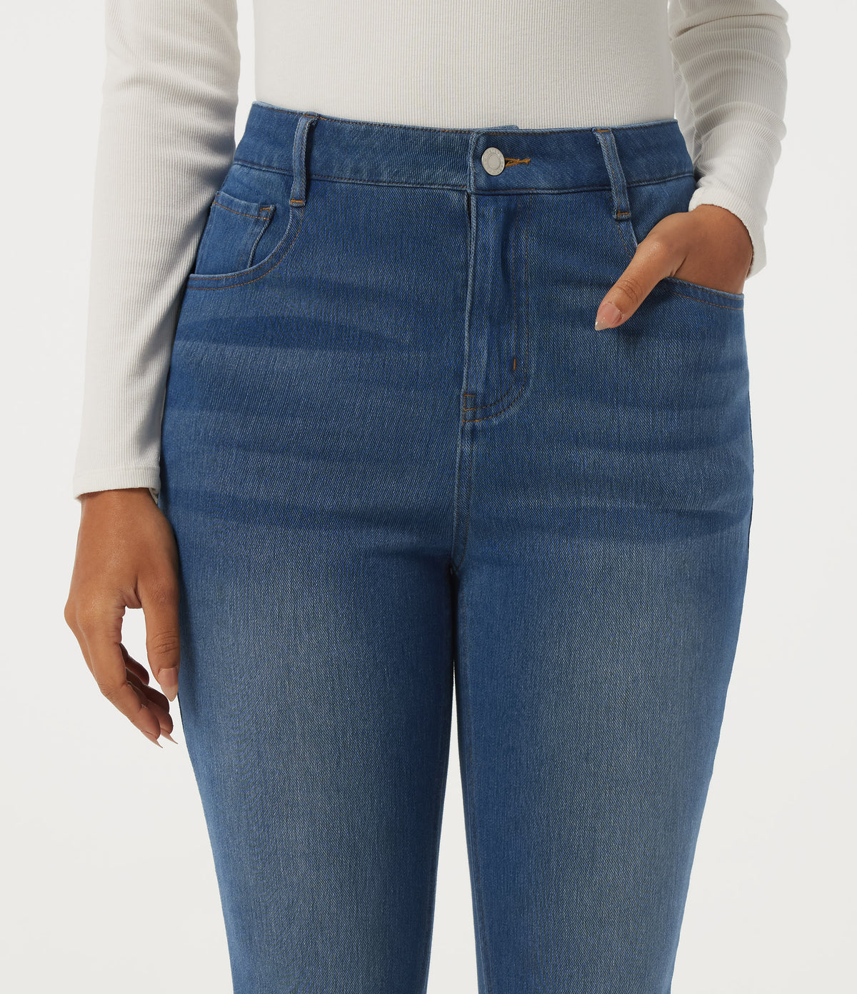 High Waisted Skinny Rolled Hem Casual Jeans with Pockets — Tide Blue Denim — view 5