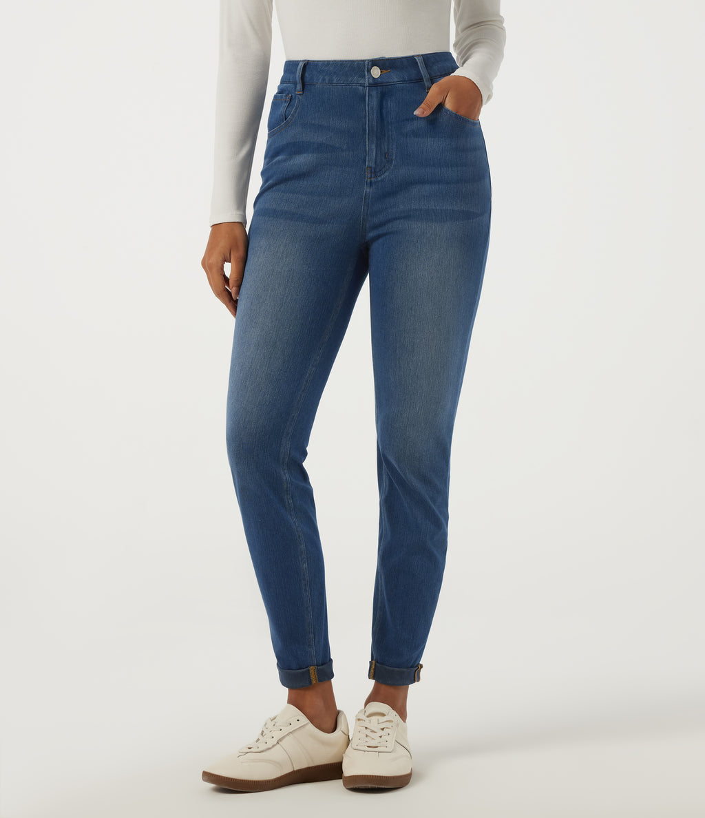 High Waisted Skinny Rolled Hem Casual Jeans with Pockets — Tide Blue Denim — view 3