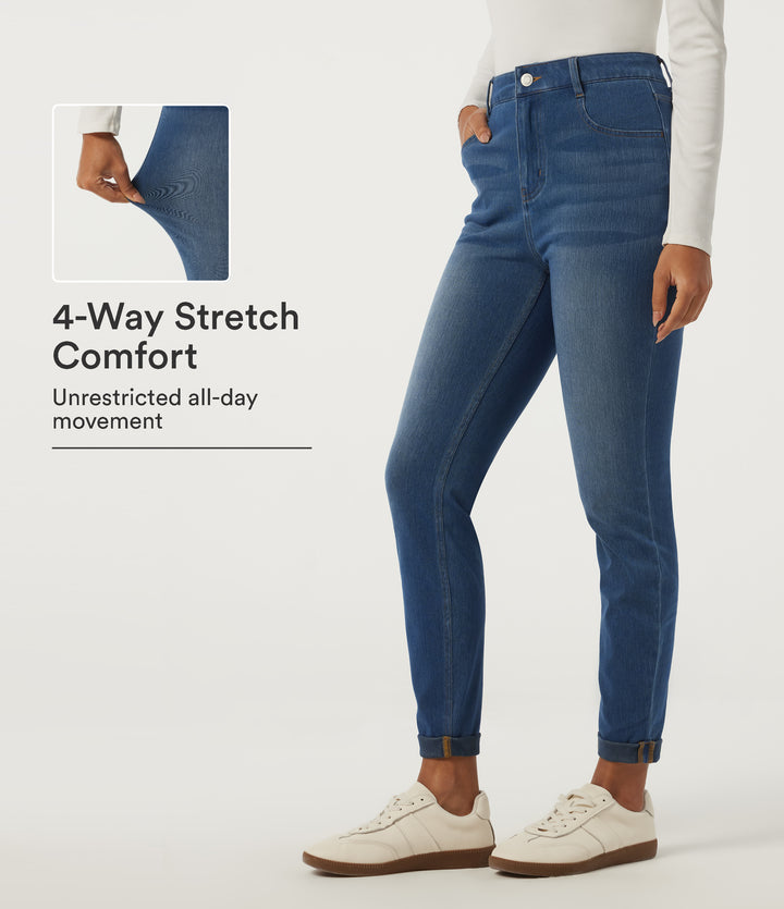 High Waisted Skinny Rolled Hem Casual Jeans with Pockets — Tide Blue Denim — view 1
