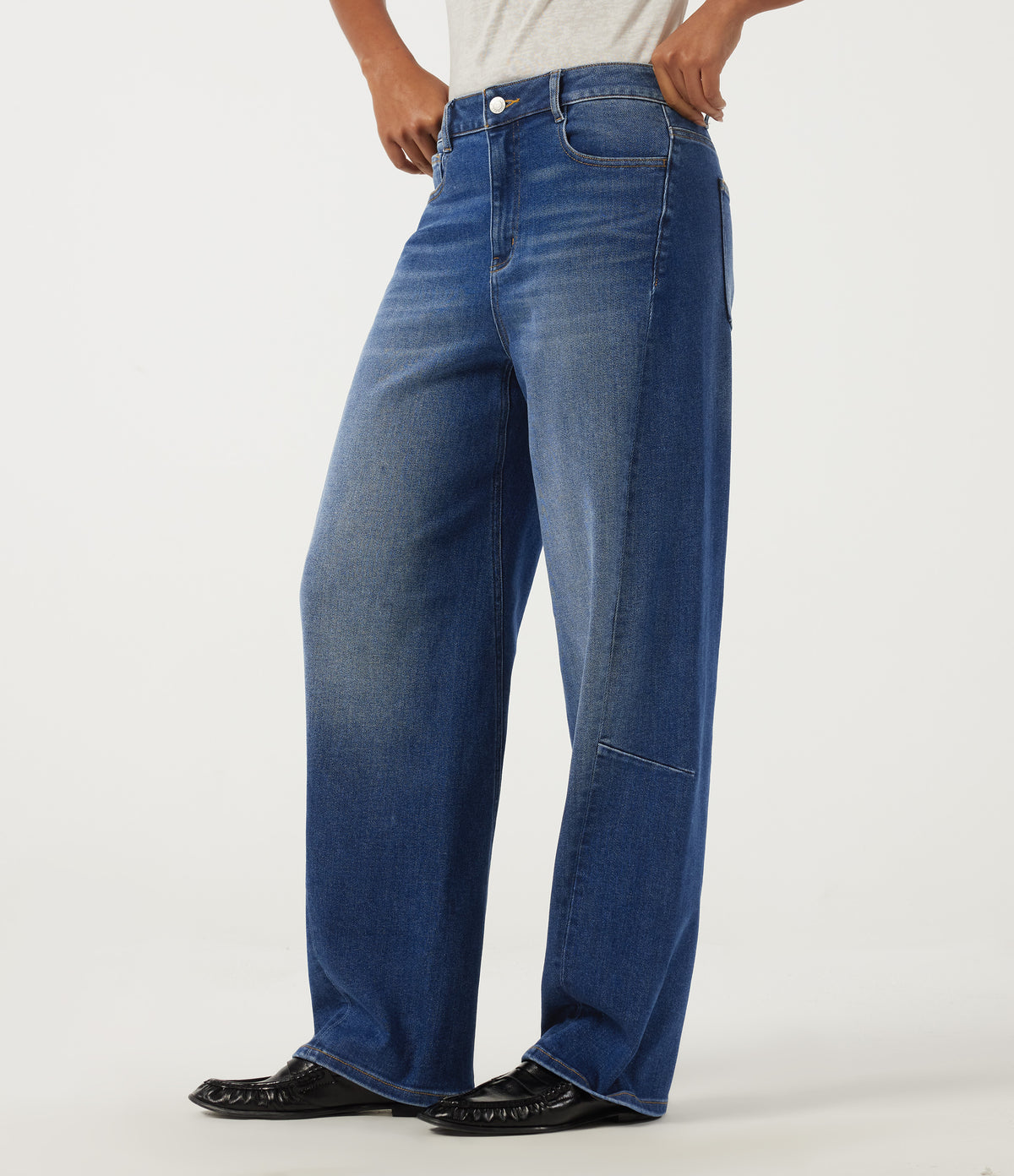 Mid Rise Barrel Leg Casual Jeans with Pockets — Estate Blue Denim — view 1