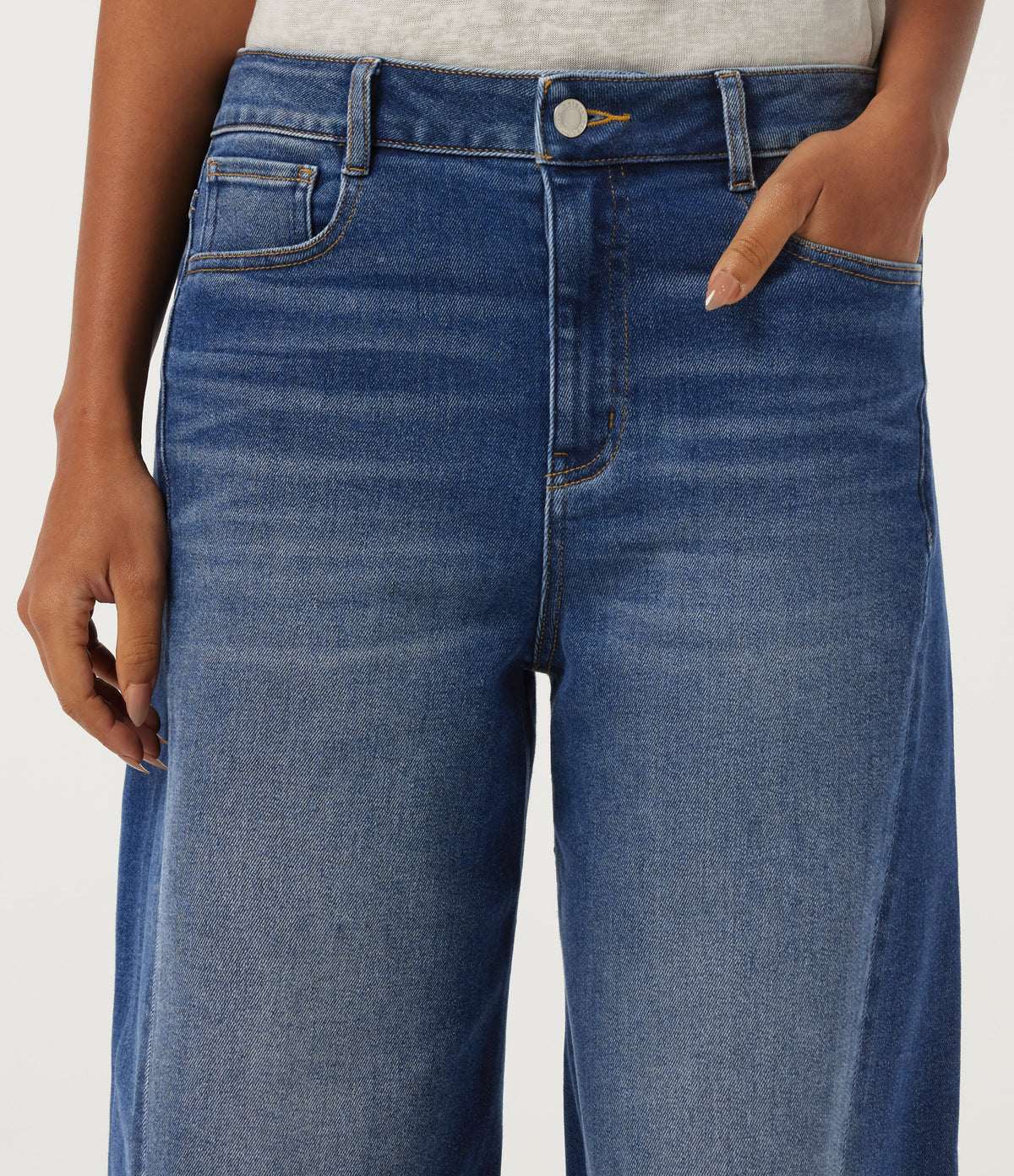 Mid Rise Barrel Leg Casual Jeans with Pockets — Estate Blue Denim — view 5