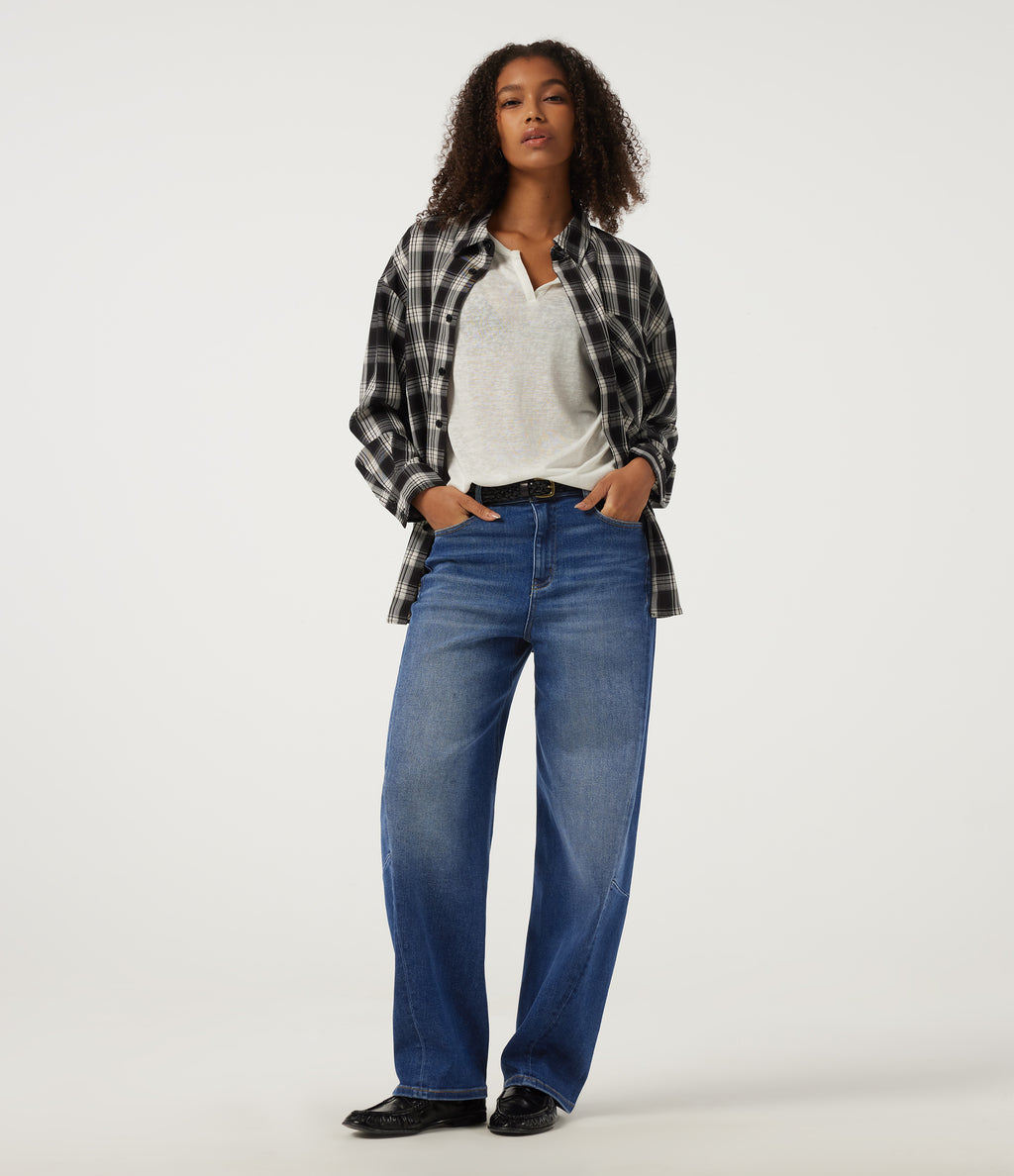 Mid Rise Barrel Leg Casual Jeans with Pockets — Estate Blue Denim — view 8