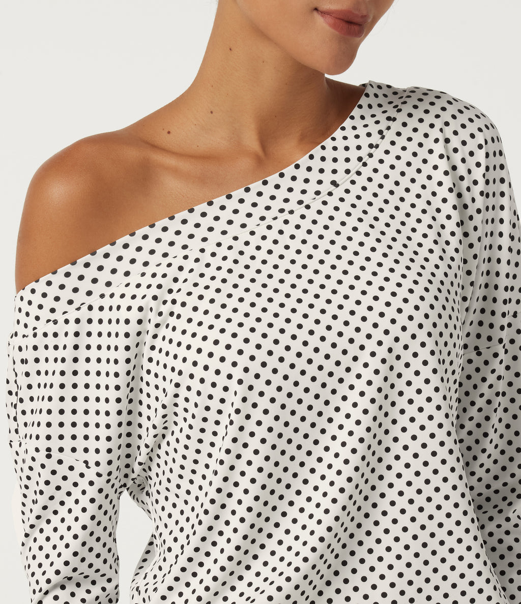 One Shoulder Long Sleeve Polka Dot Casual Top with Built-in Bra — Snow Dots — view 6