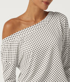 One Shoulder Long Sleeve Polka Dot Casual Top with Built-in Bra — Snow Dots — view 6