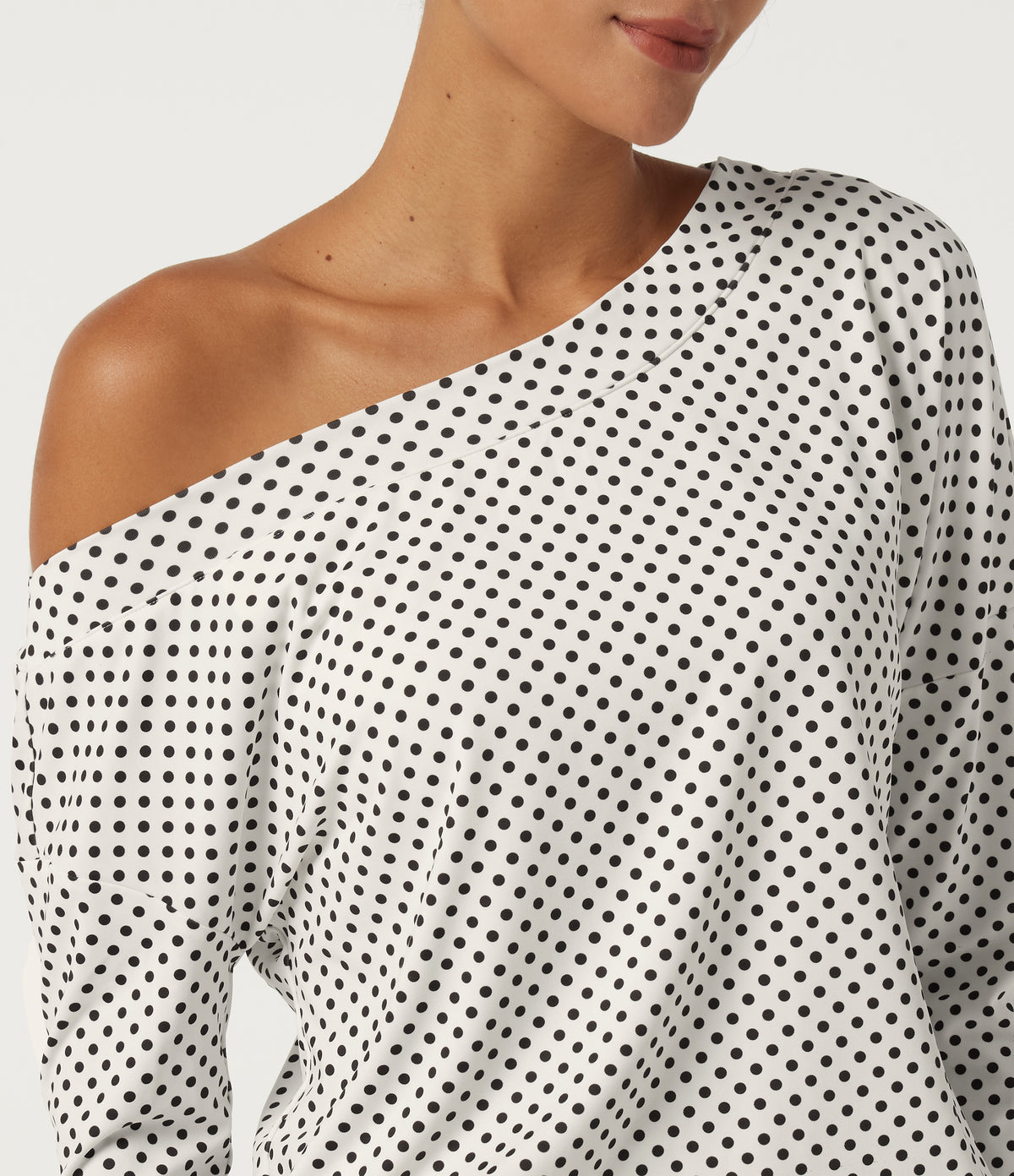 One Shoulder Long Sleeve Polka Dot Casual Top with Built-in Bra — Snow Dots — view 6