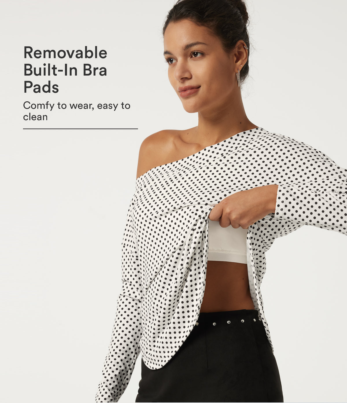 One Shoulder Long Sleeve Polka Dot Casual Top with Built-in Bra — Snow Dots — view 1