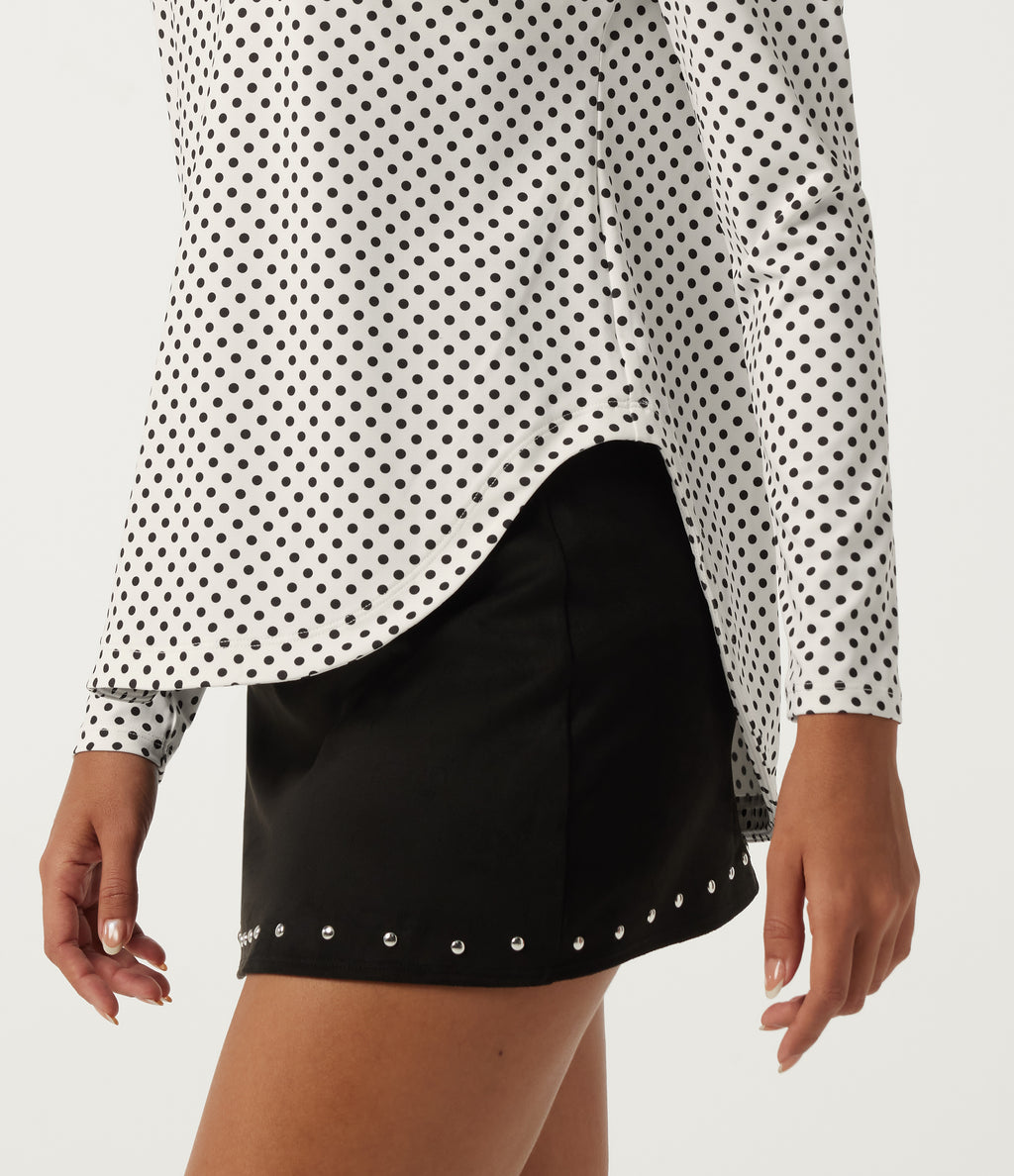 One Shoulder Long Sleeve Polka Dot Casual Top with Built-in Bra — Snow Dots — view 7
