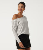One Shoulder Long Sleeve Polka Dot Casual Top with Built-in Bra — Snow Dots — view 3