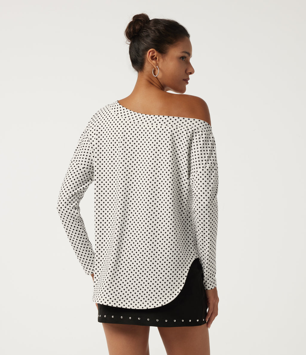 One Shoulder Long Sleeve Polka Dot Casual Top with Built-in Bra — Snow Dots — view 2