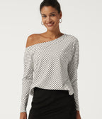 One Shoulder Long Sleeve Polka Dot Casual Top with Built-in Bra — Snow Dots — view 5
