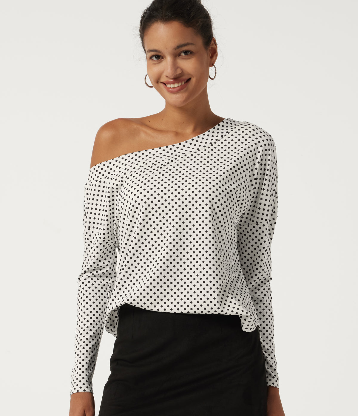 One Shoulder Long Sleeve Polka Dot Casual Top with Built-in Bra — Snow Dots — view 5