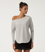 One Shoulder Long Sleeve Polka Dot Casual Top with Built-in Bra — Snow Dots — view 4