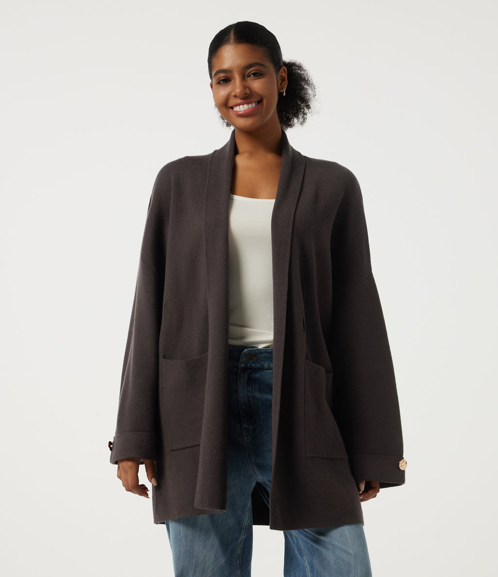 V Neck Long Sleeve Belted Longline Work Coat with Pockets — After Dark — view 4