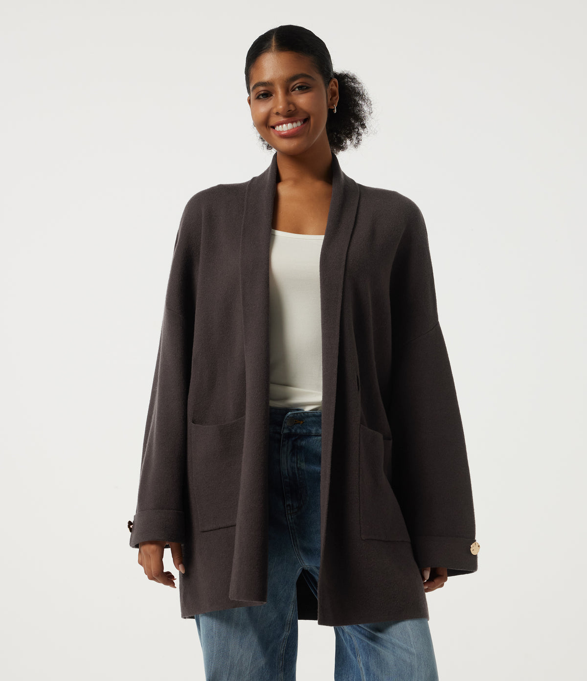 V Neck Long Sleeve Belted Longline Work Coat with Pockets — After Dark — view 4