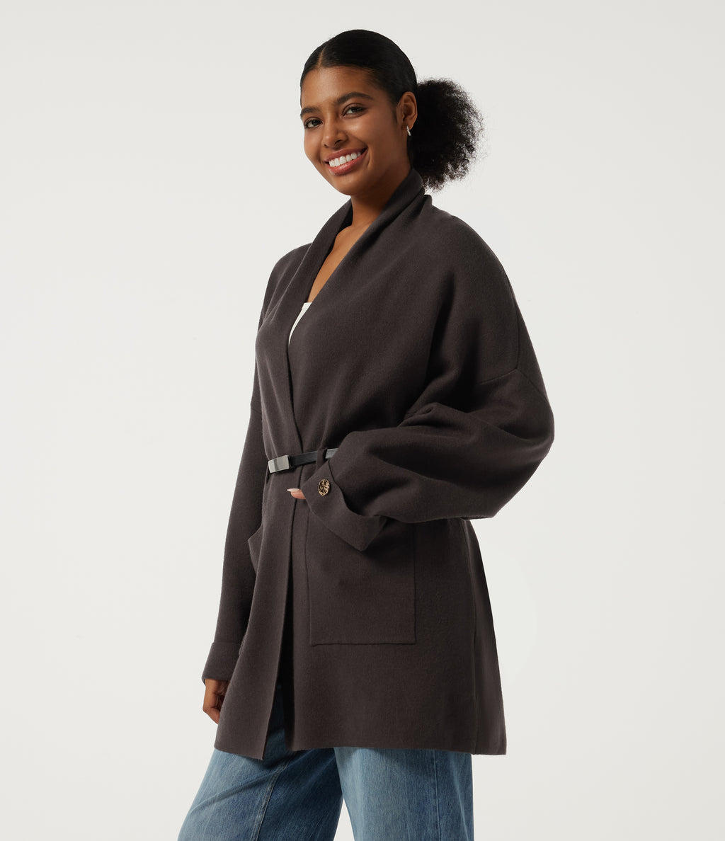 V Neck Long Sleeve Belted Longline Work Coat with Pockets — After Dark — view 3