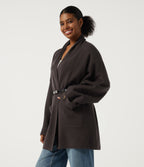 V Neck Long Sleeve Belted Longline Work Coat with Pockets — After Dark — view 3