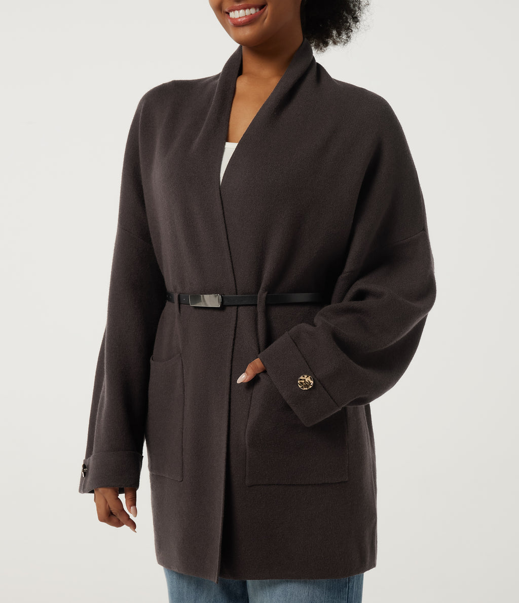 V Neck Long Sleeve Belted Longline Work Coat with Pockets — After Dark — view 5