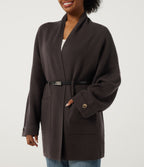 V Neck Long Sleeve Belted Longline Work Coat with Pockets — After Dark — view 5