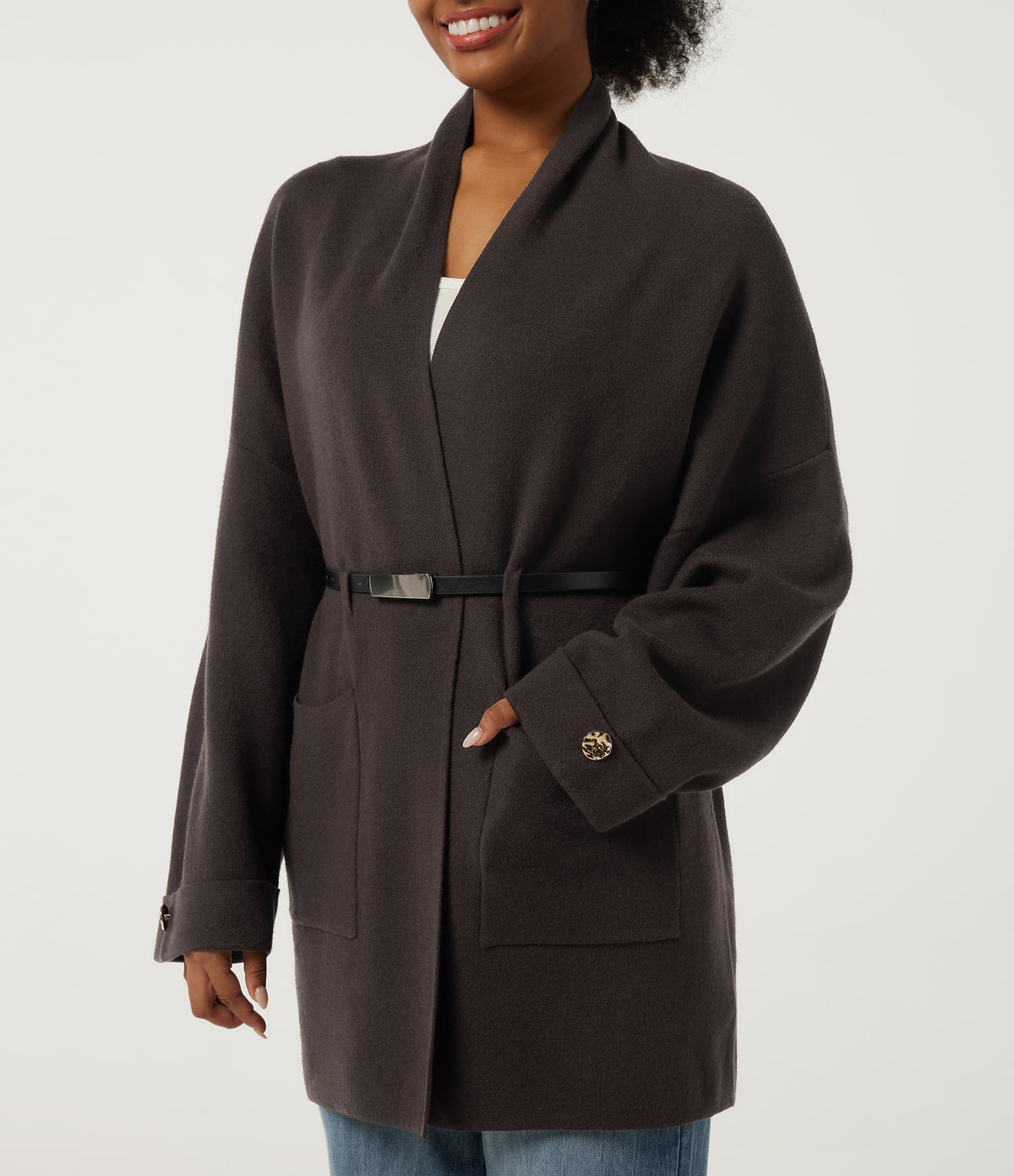 V Neck Long Sleeve Belted Longline Work Coat with Pockets — After Dark — view 5