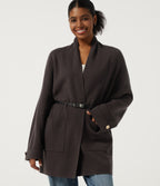 V Neck Long Sleeve Belted Longline Work Coat with Pockets — After Dark — view 1