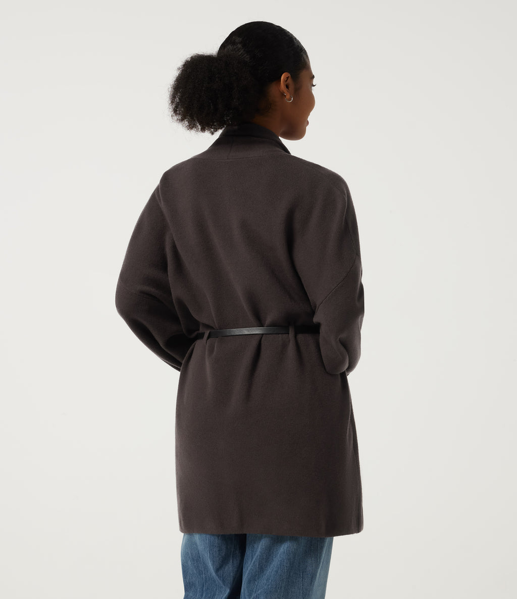 V Neck Long Sleeve Belted Longline Work Coat with Pockets — After Dark — view 2