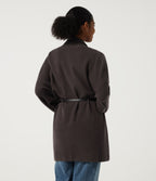 V Neck Long Sleeve Belted Longline Work Coat with Pockets — After Dark — view 2