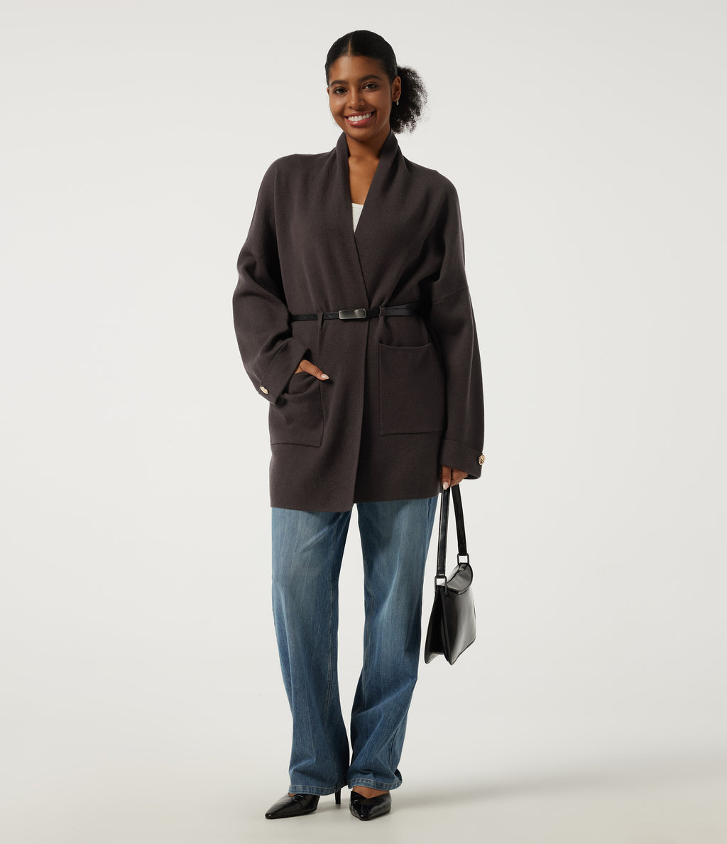 V Neck Long Sleeve Belted Longline Work Coat with Pockets — After Dark — view 6